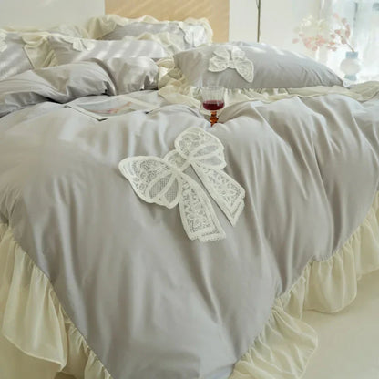Decorbites™ Koreanische Spitzen-Volants-Königgröße-Daunenbettbezug mit Schleifendetail – Romantisches Französisches Design