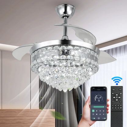 Decorbites™ Kristall-Lüfter-Leuchter LED-Licht ausklappbare Blätter dimmbar Fernbedienung modernes Wohnraumausstattung