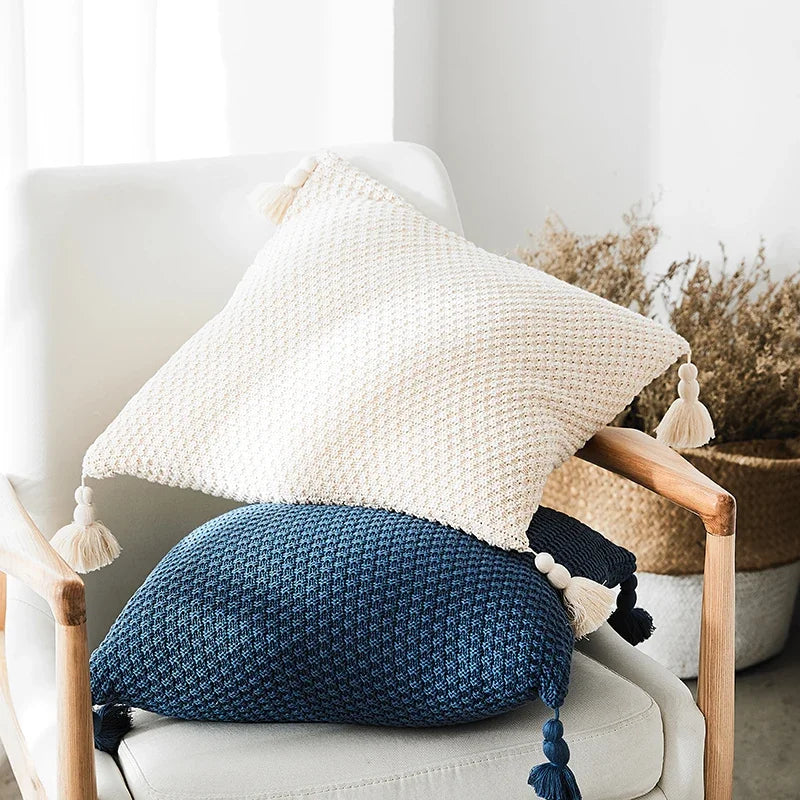 DecorBites™ Knitted Grey Ivory Geometric Pillow Cover with Tassels, 45cm x 45cm