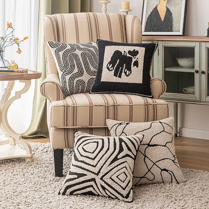 DecorBites™ Geometric Embroidered Cushion Cover in Modern Beige and Black