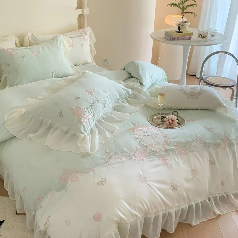 DecorBites™ 4Pcs Flowers Embroidery Princess Queen Bedding Set with Lace Ruffles