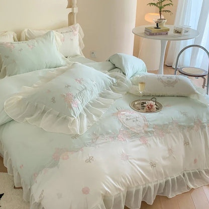 DecorBites™ 4Pcs Flowers Embroidery Princess Queen Bedding Set with Lace Ruffles