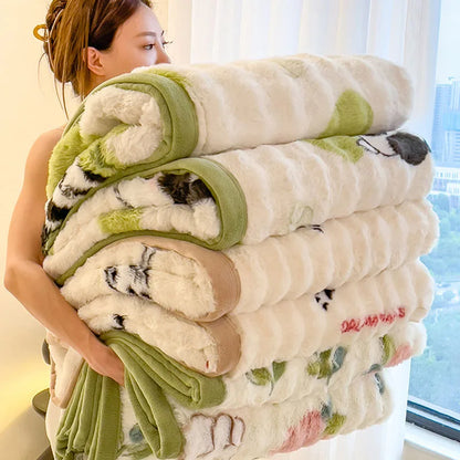 DecorBites™ Cartoon Printed Faux Rabbit Plush Thick Blanket for Office Nap and Sofa Warmth