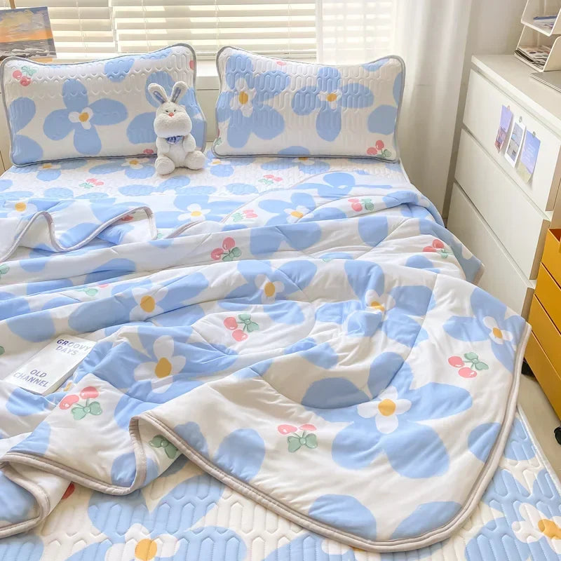 DecorBites™ Double-Sided Cool Comforter Set: Ice Silk Duvet, Fitted Sheet, Pillowcase