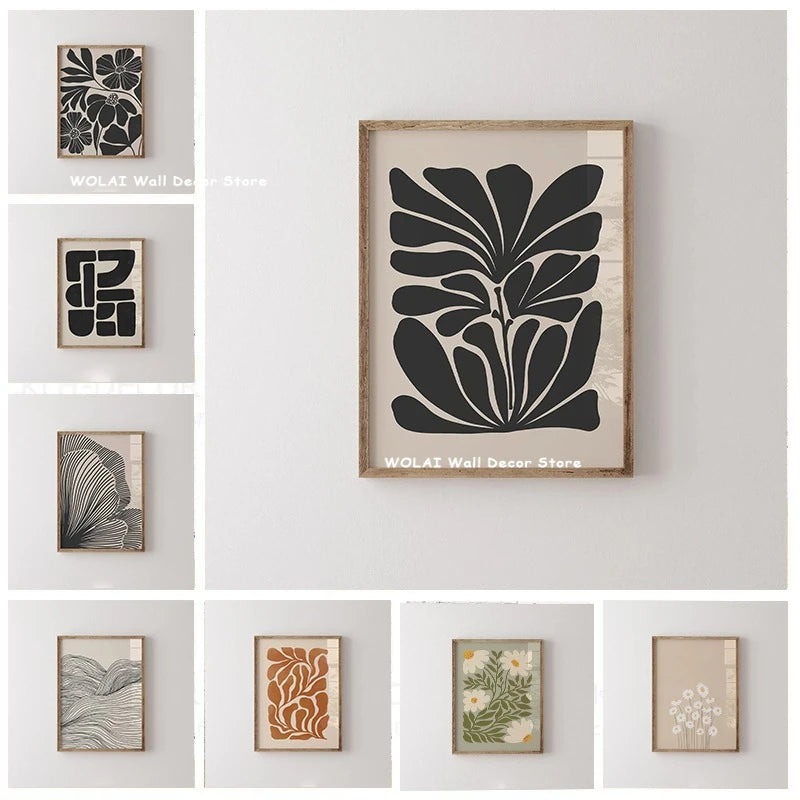 Abstract Moody Plant Art Canvas Print Mid-century Modern Beige Black Floral Line Wall Art Posters for Living Room Home Decor