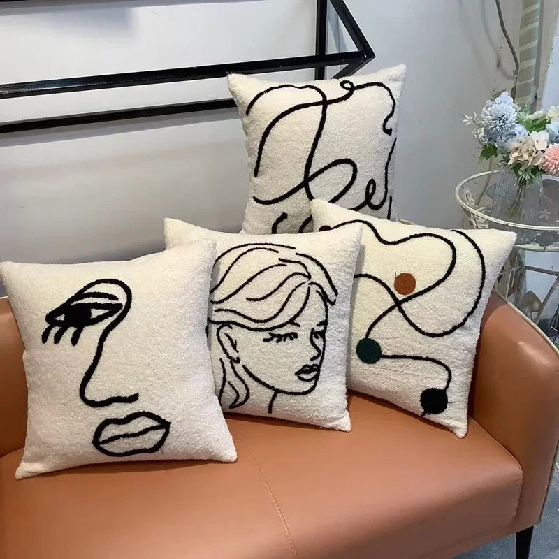 Decorbites™ Merinowolle-Gesicht besticktes Kissenbezug 45x45 - Beige Weiß abstrakte Kunst Kissenbezug