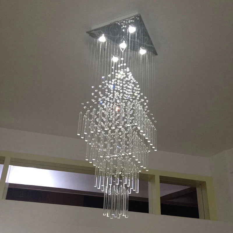 DecorBites™ Crystal Columnar Chandelier: Modern Square Base Hanging Lamp for Living Room, Stair, Loft