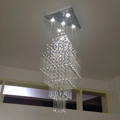 DecorBites™ Crystal Columnar Chandelier: Modern Square Base Hanging Lamp for Living Room, Stair, Loft
