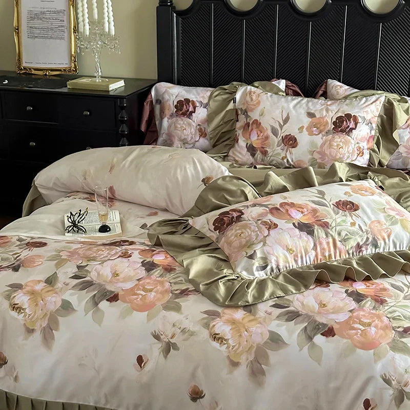 Decorbites™ Französisches Vintage Rüschen-Bettwäsche-Set aus ägyptischer Baumwolle mit Blumenmustern
