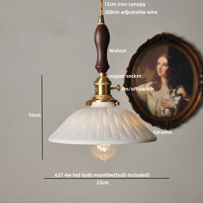 DecorBites™ Copper Ceramic LED Pendant Lights Walnut Wood Hang Lamp