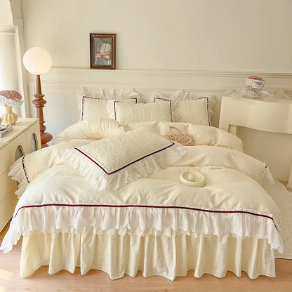 Decorbites™ Spitzen-Volants-Bettwäsche-Set: 4-teilig, einfarbiges Prinzessinnen-Bettüberzug, Bettrock, 100% Baumwoll-Kissenbezug