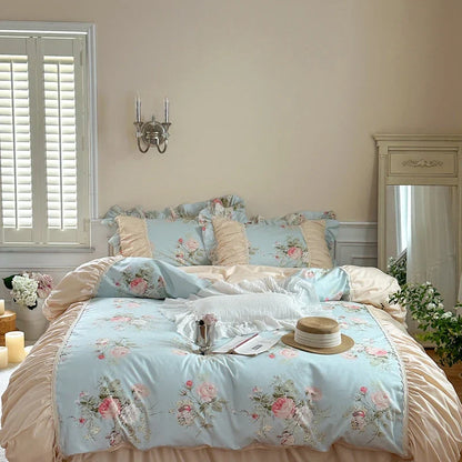 Decorbites™ Koreanische Prinzessin-Stil Blumen-Baumwoll-Bettwäsche-Set mit Rüschen
