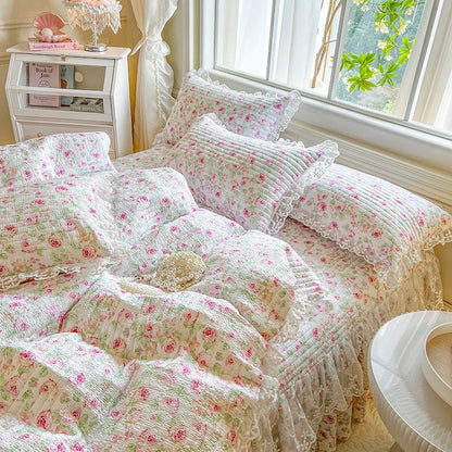 Decorbites™ Französische Spitzen-Volants-Seersucker-Bettset: 4-Tlg. Prinzessinnen-Bettwäsche Quiltbezug