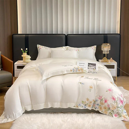 Decorbites™ Blumen-Stickerei Seidenbettwäsche-Set mit Steppdeckenbezug und Spannbettlaken