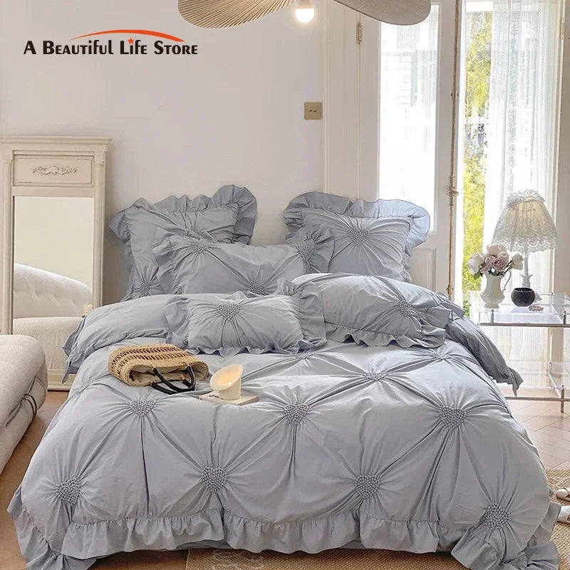 Decorbites™ Koreanische Prinzessin-Stil Bettwäsche-Set aus reinem Baumwollstoff mit Rüschen und Herzfalte