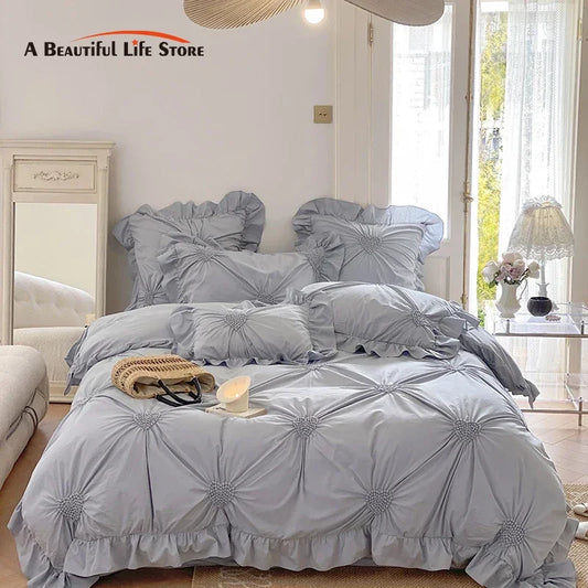Decorbites™ Koreanische Prinzessin-Stil Bettwäsche-Set aus reinem Baumwollstoff mit Rüschen und Herzfalte