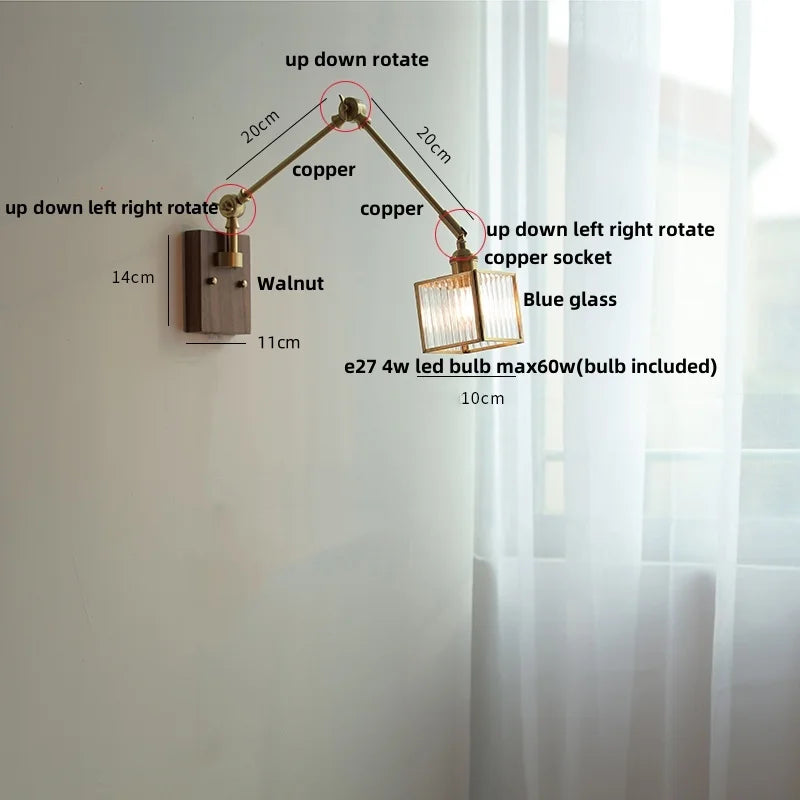 Decorbites™ LED-Wandlampe drehbar Glas Walnuss Schwingarme Flur Treppenlicht