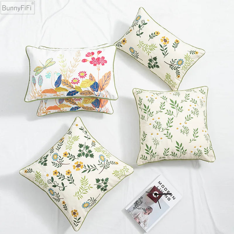 Decorbites™ Daisy Floral Grüne Blätter Stickerei Kissenbezug für Wohnzimmer Schlafzimmer