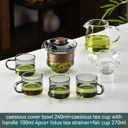 Decorbites™ Glas-Gaiwan-Tassen-Set mit Holzring, 240 ml Tee-Trennung & Filter, hitzebeständig