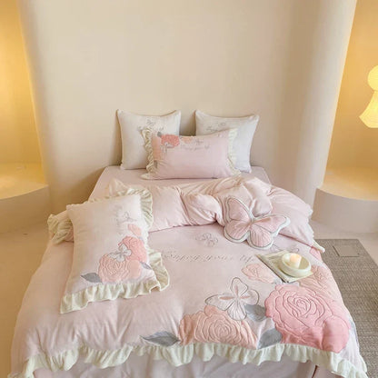 Decorbites™ Spitzen-Volants-Prinzessinnen-Bettwäsche-Set, Schmetterlingsblumen-Stickerei, Gemütliche Bettwäsche mit Bettlaken und Kissenbezügen