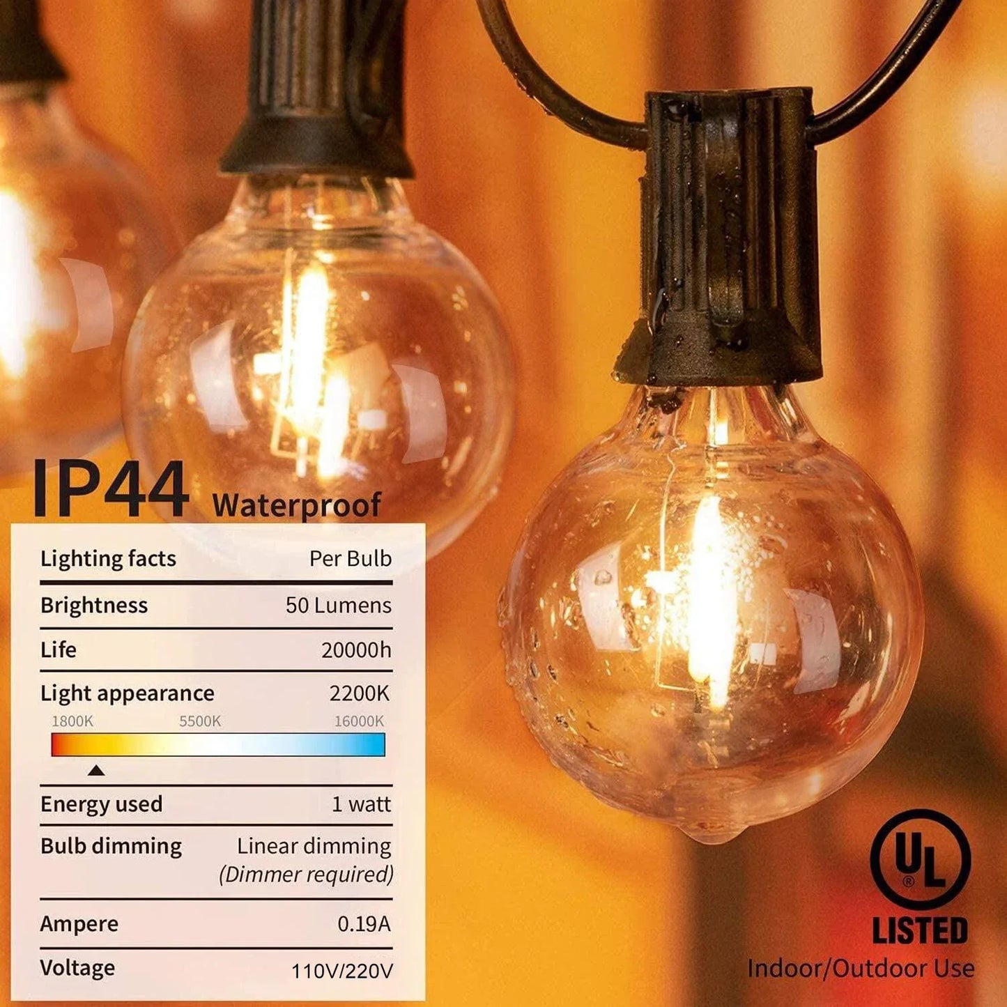 Decorbites™ G40 Bernstein-Glas Warm White LED-Lichterkette für Terrassen-Dekoration, dimmbar 1W Äquiv