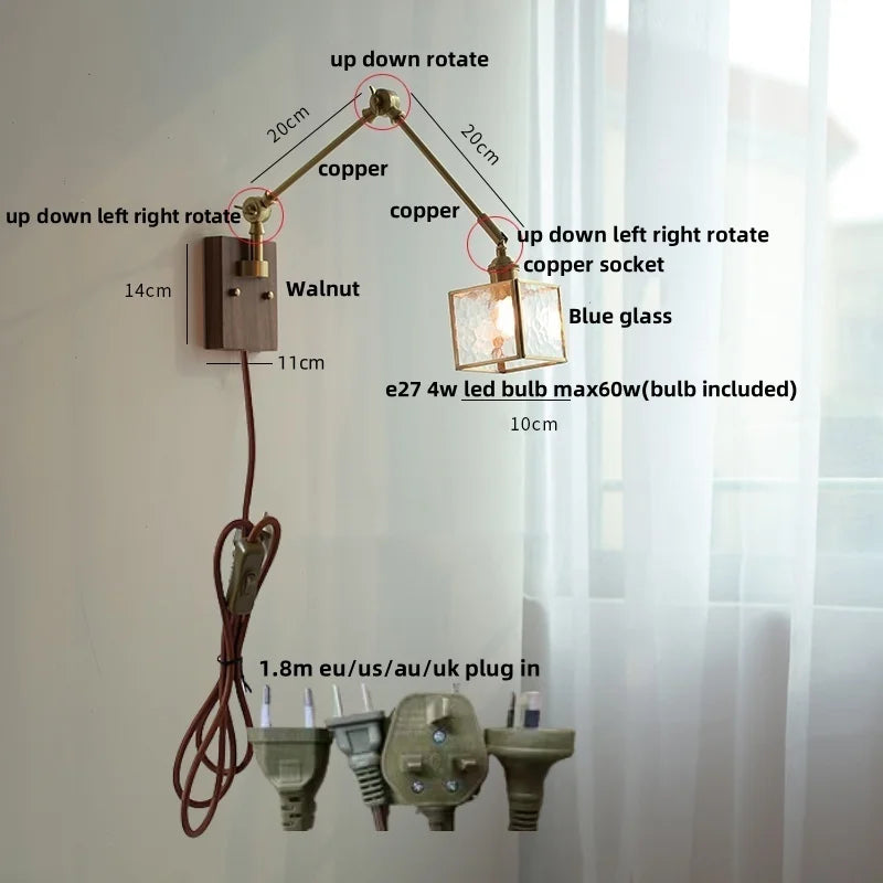 Decorbites™ LED-Wandlampe drehbar Glas Walnuss Schwingarme Flur Treppenlicht