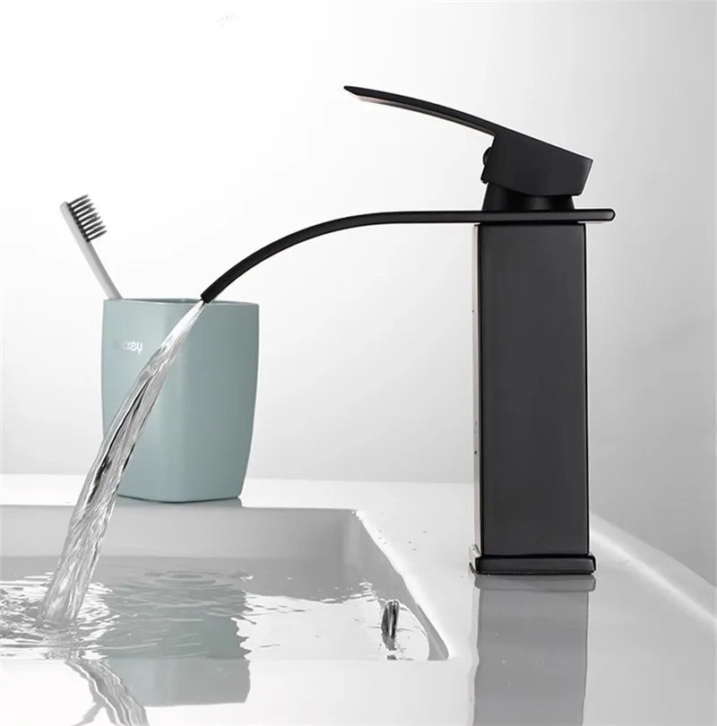 Decorbites™ Schwarz Messing Wasserfall Badezimmer Waschbecken Armatur Kalt Warm Mischer Einhebel Deckenmontage