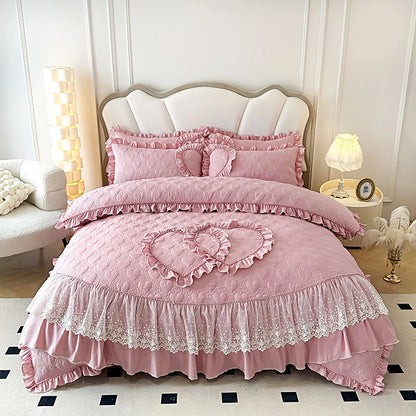 Decorbites™ Koreanische Prinzessin-Stil-Bettwäsche-Set mit Spitzenvolants und Liebesthema