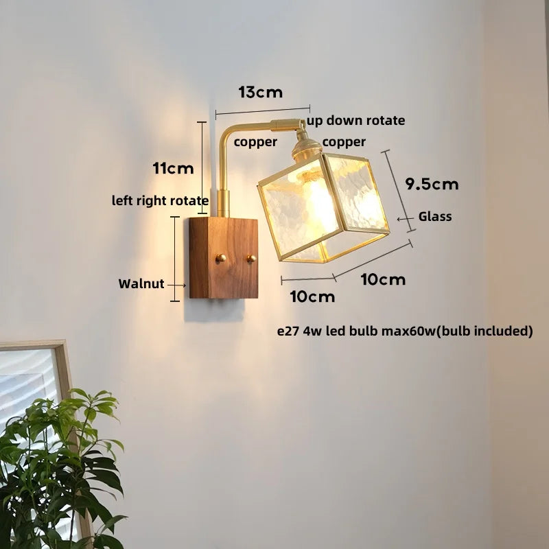 DecorBites™ LED Walnut Wood Cube Glass Wall Light with Pull Chain Switch