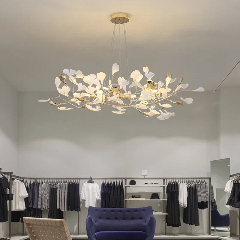 Gold Branch Chandelier With Porcelain Leaves