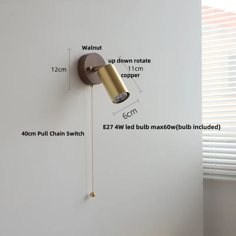 DecorBites™ Copper Lampshade LED Wall Sconce Pull Chain Switch Nordic Modern Walnut Wood Mirror Light