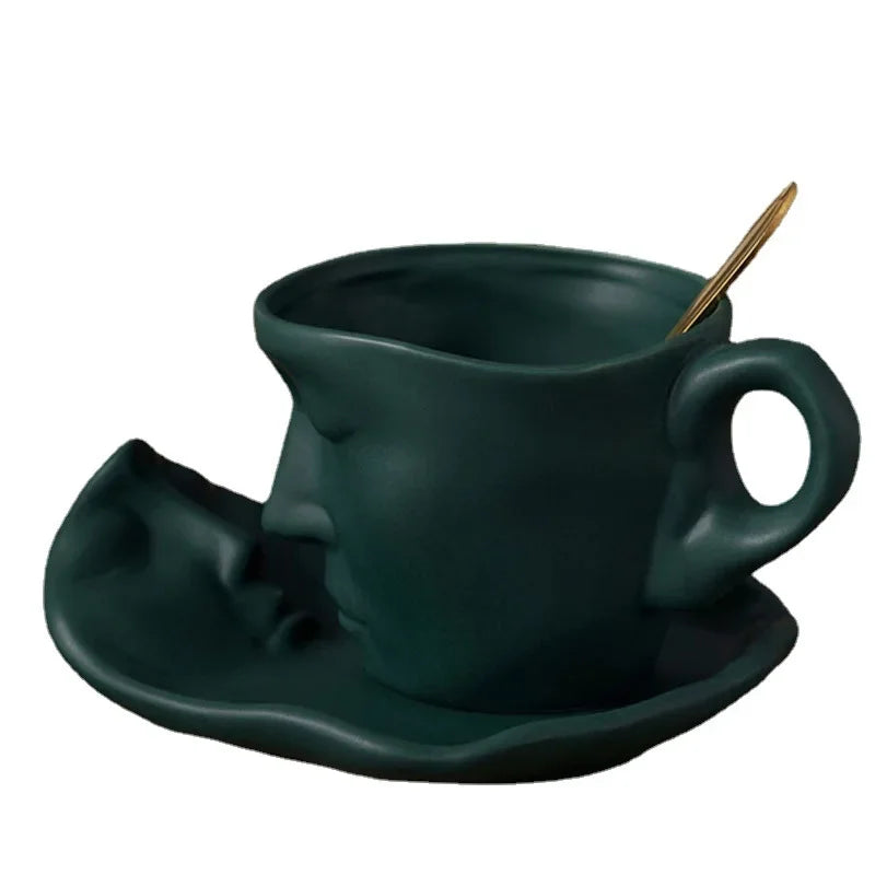 DecorBites™ Frosted Ceramic Face Mug Set: Cup, Saucer, Spoon for Coffee, Tea, Milk