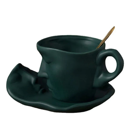 DecorBites™ Frosted Ceramic Face Mug Set: Cup, Saucer, Spoon for Coffee, Tea, Milk