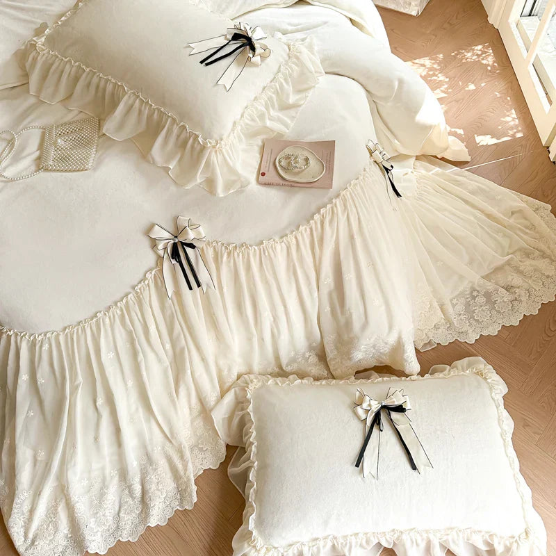Decorbites™ Spitzen-Volants-Prinzessinnen-Bettwäsche-Set, Samt-Duvet-Cover, Plüsch-Bettlaken, Kissenbezüge