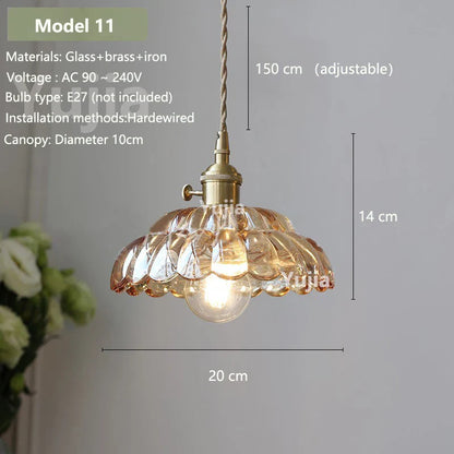 Vintage Amber Glass Pendant Light With Brass Detail