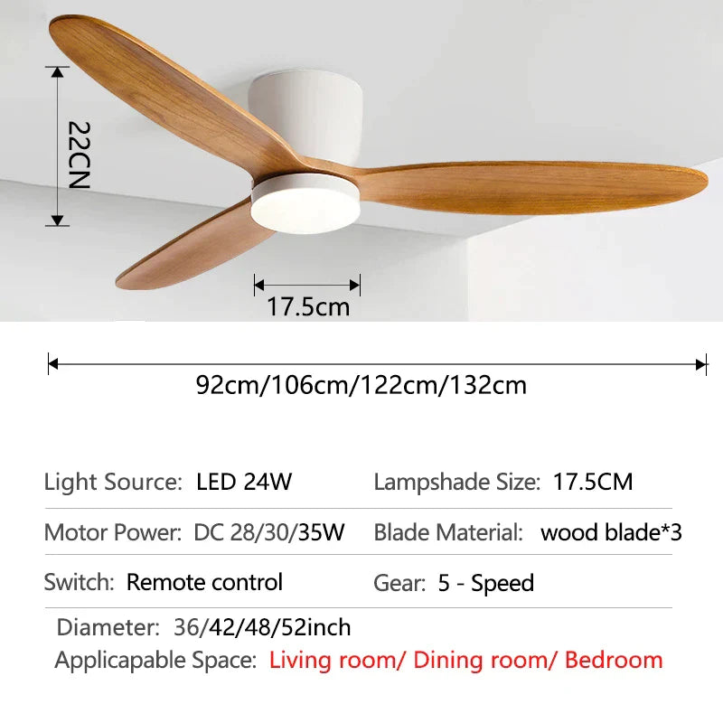 Decorbites™ 3-Blatt-Drehstrommotor 35W Deckenventilator für niedrige Decken mit 24W Dreifarb-Licht & Fernbedienung