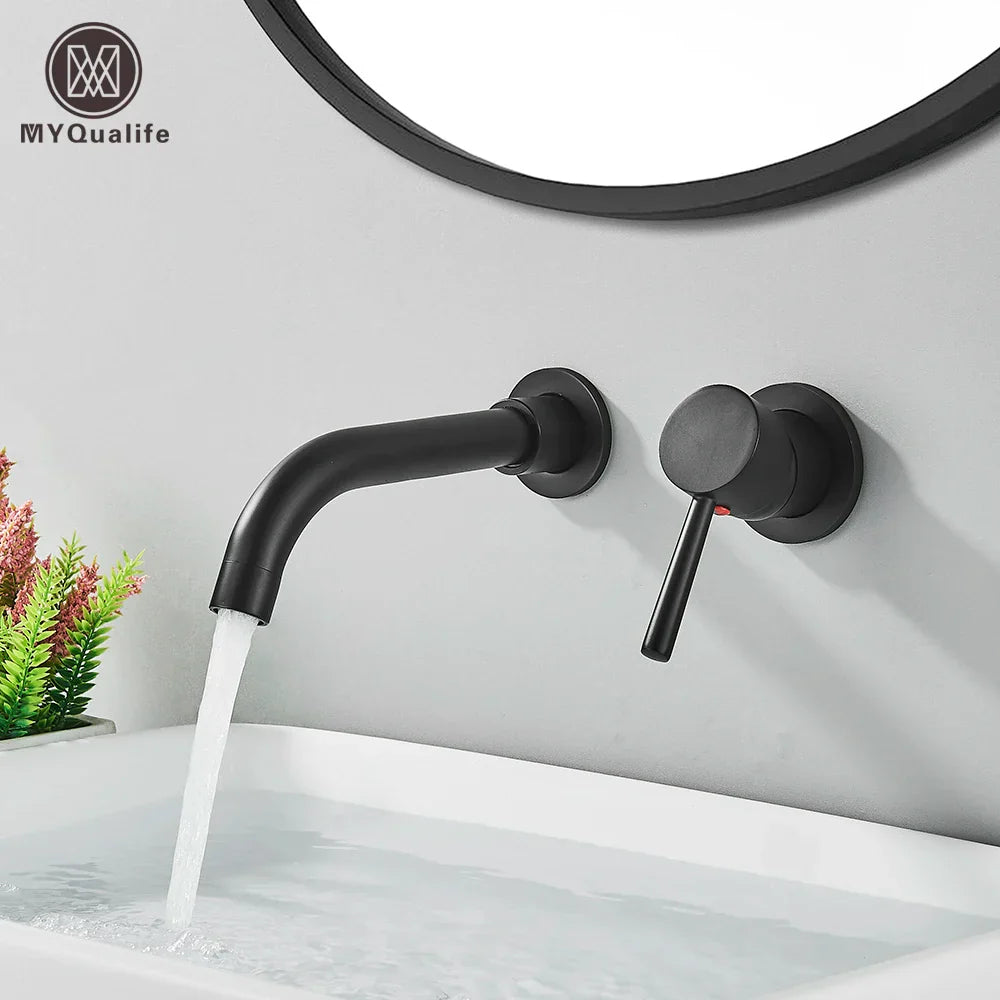 DecorBites™ Gold Brass Bathroom Faucet with Modern Lever Handle, Wall Mount Sink Tap