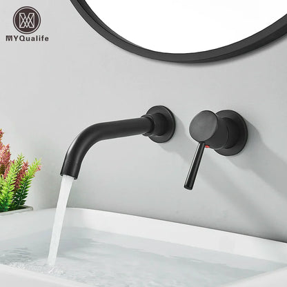 DecorBites™ Gold Brass Bathroom Faucet with Modern Lever Handle, Wall Mount Sink Tap