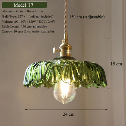 Nordic Green Glass Pendant Light With Brass Accents