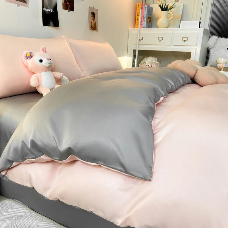Decorbites™ Doppelfarbig blockiertes Eis-Seiden-Bettwäsche-Set für leichten Luxus und sommerlichen Komfort