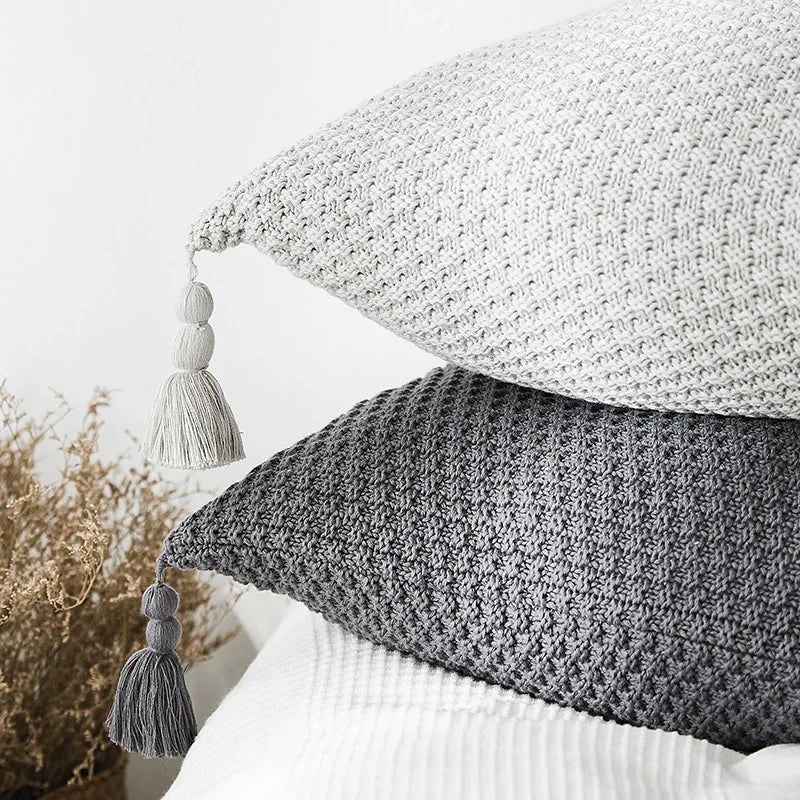 DecorBites™ Knitted Grey Ivory Geometric Pillow Cover with Tassels, 45cm x 45cm