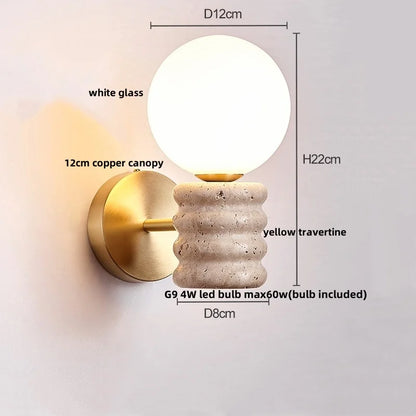 DecorBites™ LED Wall Light Fixture Yellow Travertine Stone Modern Bedside Lamp