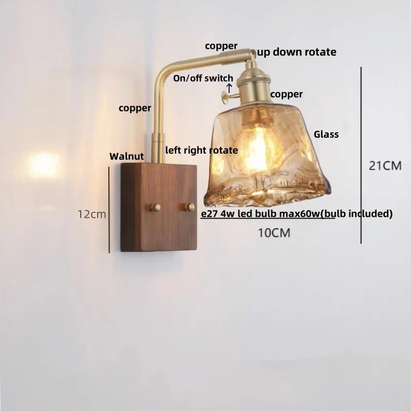 Decorbites™ LED-Wandleuchte aus Walnussholz, drehbar, Kupfer-Nachttischlampe