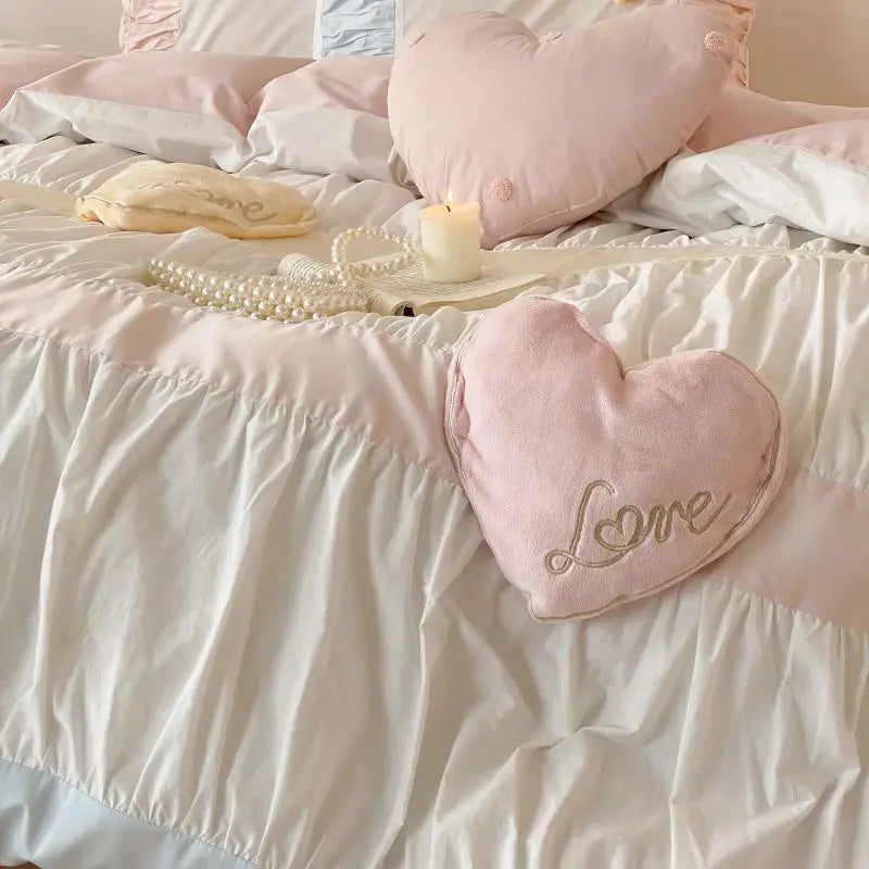Decorbites™ Herzförmiges Bettwäsche-Set aus gewaschener Baumwolle - Bettbezug, Bettlaken, Kissenbezüge