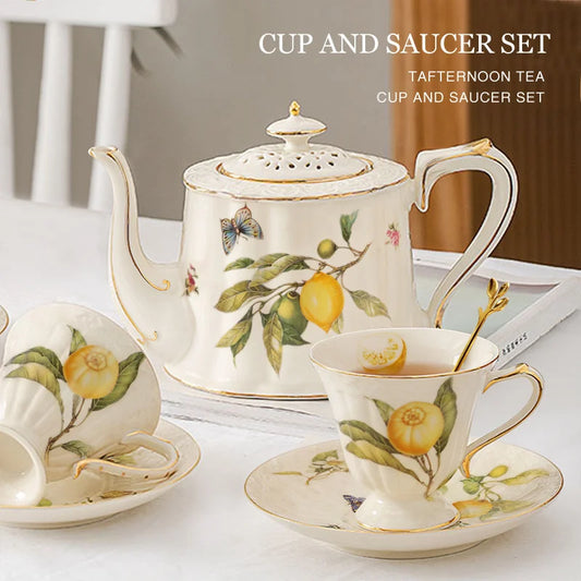 Decorbites™ Gold Edge Tasse-und-Untertasse-Set: Zitronentee-Kanne, Kaffeebecher, Keramik-Teller & Trinkgeschirr