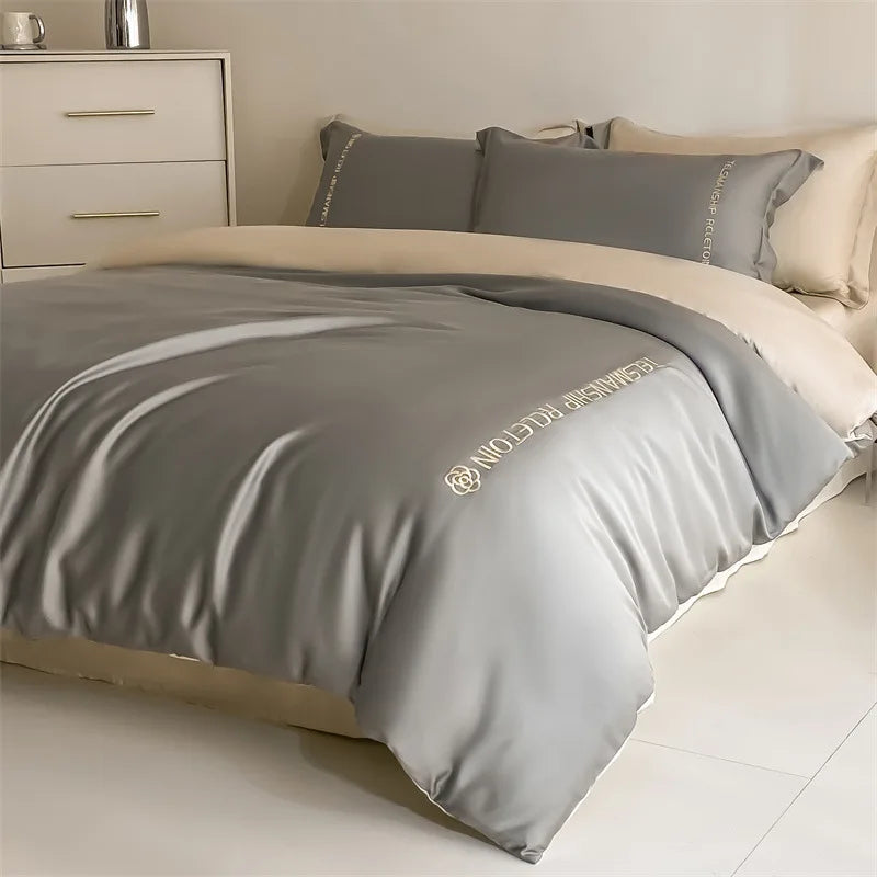 DecorBites™ Cotton Solid Color Bedding Set, Premium Quality Embroidery Quilt Cover, Single Bed.