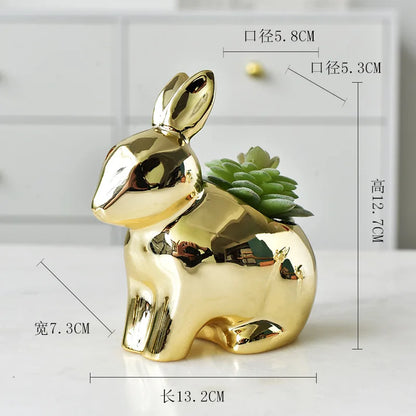 DecorBites™ Golden Rabbit Ceramic Flower Pot | Cartoon Succulent Planting Vase