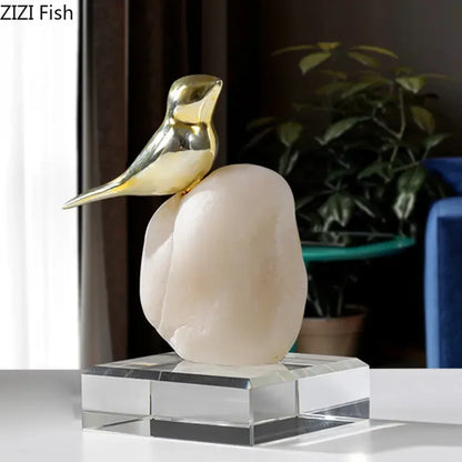 Decorbites™ Goldener Vogel-Statue Kristallbasis Schreibtisch-Dekoration, vergoldete moderne Heimdekoration
