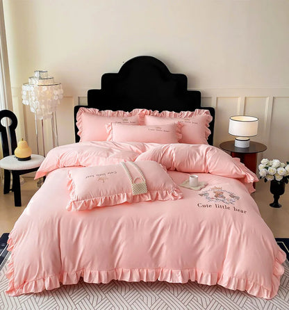 DecorBites™ French Embroidered Cotton Bed Skirt Set with Ruffled Edges