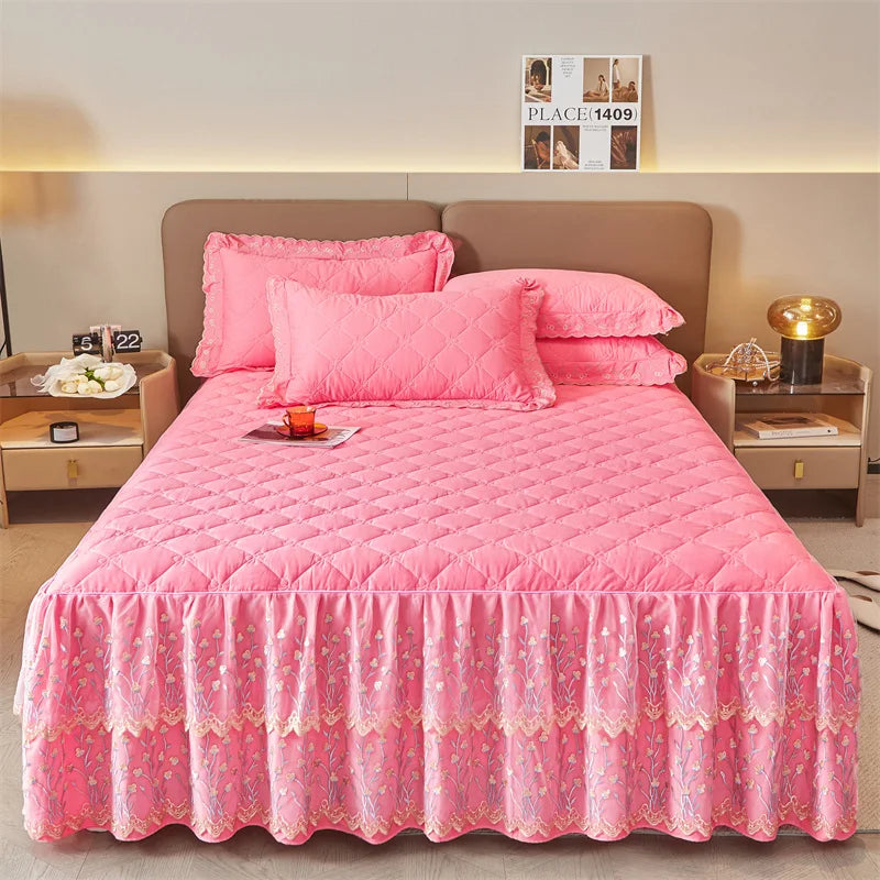DecorBites™ Cotton Lace Ruffles Quilted Bed Skirt Set with Pillowcases